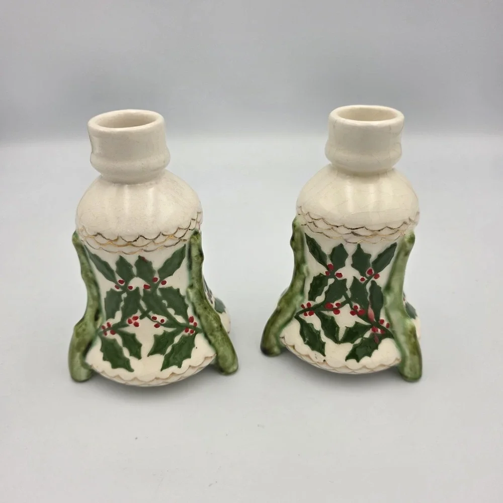 2 Green Holly & Red‎ Berry Gold Trim Ceramic Candle Holders Taper Christmas